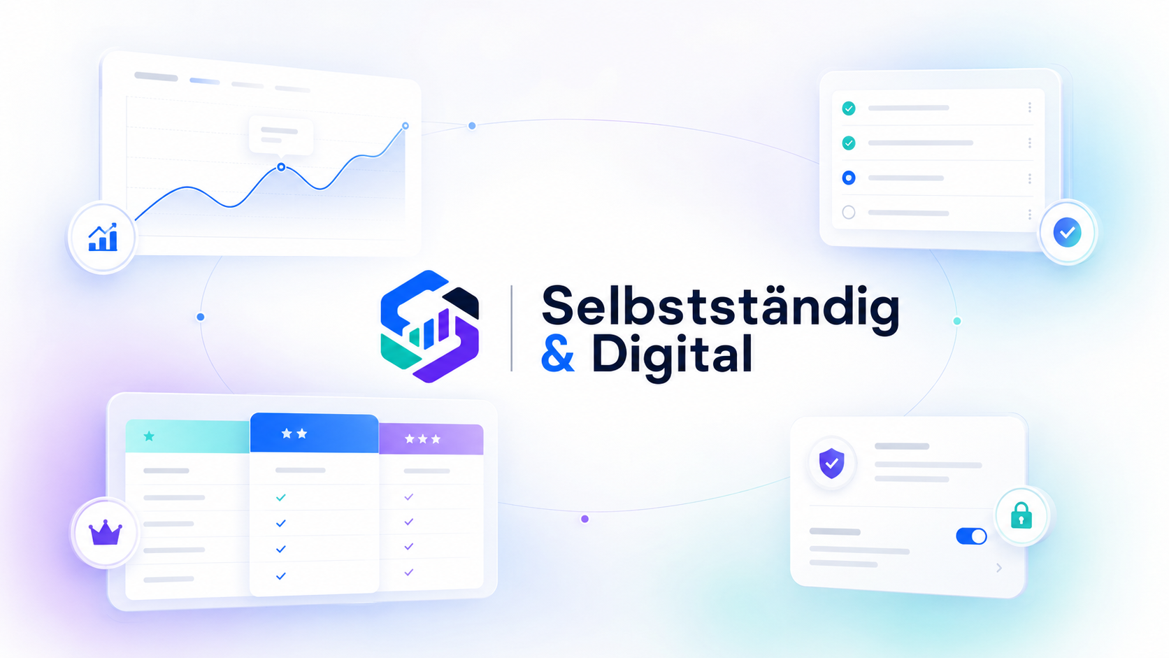 Selbstständig & Digital Tool-Auswahl Dashboard Visual Modernes Dashboard-Visual von Selbstständig & Digital mit Logo, Analysekarte, Vergleichstabelle, Checkliste und Sicherheitsmodul zur digitalen Tool-Auswahl