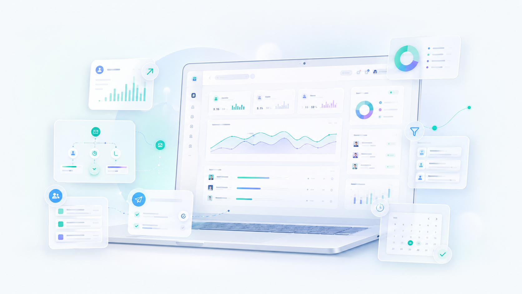 Newsletter-Tools Dashboard Visual für Selbstständige und kleine Unternehmen Helles SaaS-Visual mit Laptop, Dashboard, Automatisierung, Kontakten und Newsletter-Tool-Elementen für Selbstständige und kleine Unternehmen