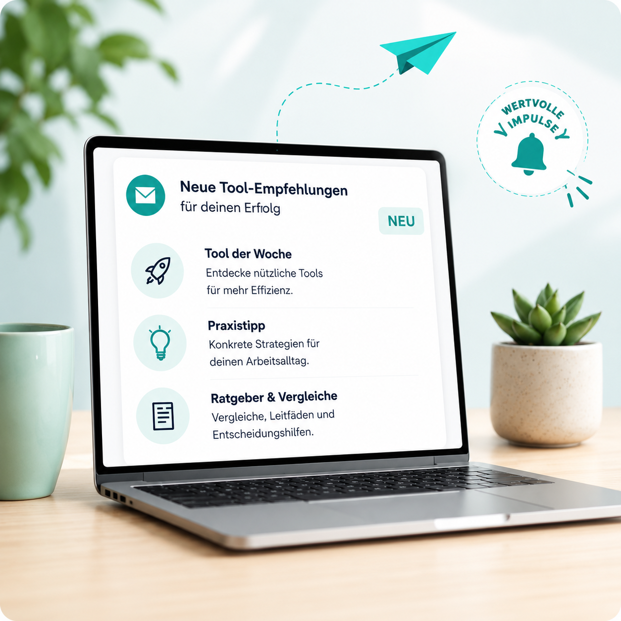 Newsletter-Visual für Tool-Updates und digitale Praxistipps Modernes Visual mit Laptop, Newsletter-Inhalten, Tool-Empfehlungen und digitalen Praxistipps für Selbstständige und kleine Unternehmen