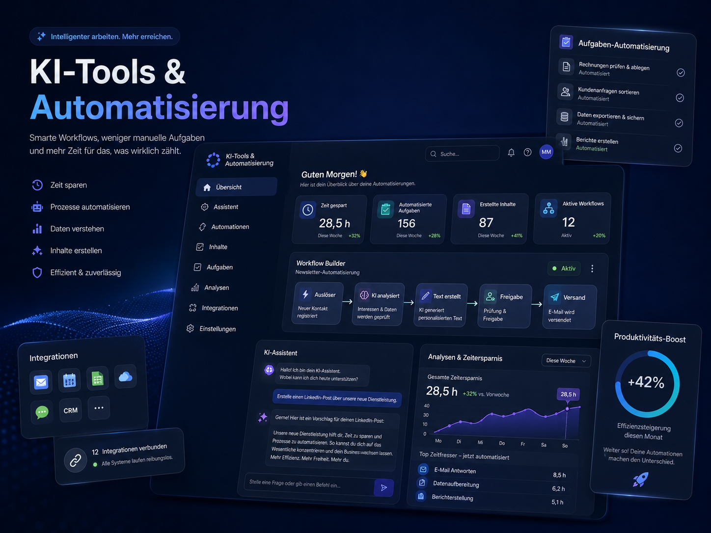 KI-Tools & Automatisierung Dashboard-Visual Modernes KI-Tools- und Automatisierungs-Dashboard mit Workflows, KI-Assistent, Integrationen und Analysen für Selbstständige und kleine Unternehmen