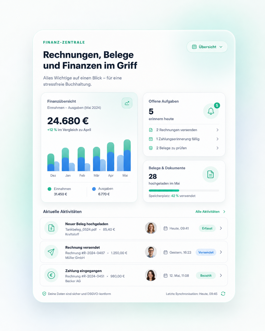Buchhaltung und Finanzen Dashboard für Selbstständige und kleine Unternehmen Dashboard für Buchhaltung und Finanzen mit Rechnungen, Belegen, offenen Aufgaben und aktuellen Aktivitäten für Selbstständige und kleine Unternehmen